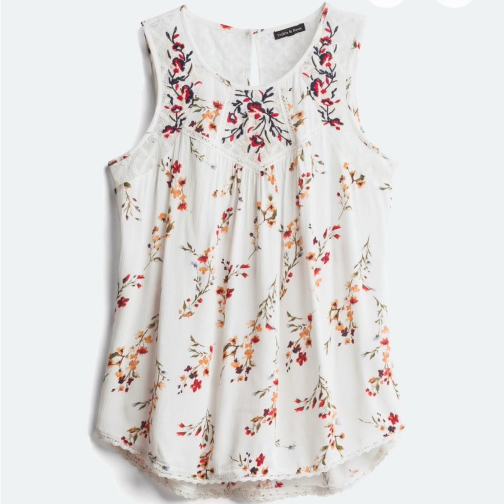 Embroidered Floral Tank Top - White